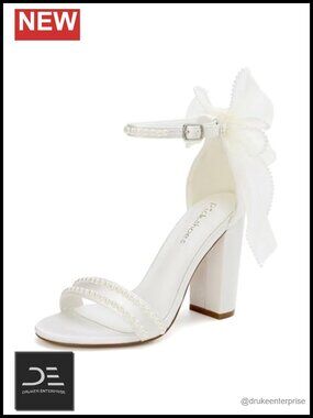 Block Heel Pearl Wedding Sandals Bridal Open Toe Satin Heels with Bow